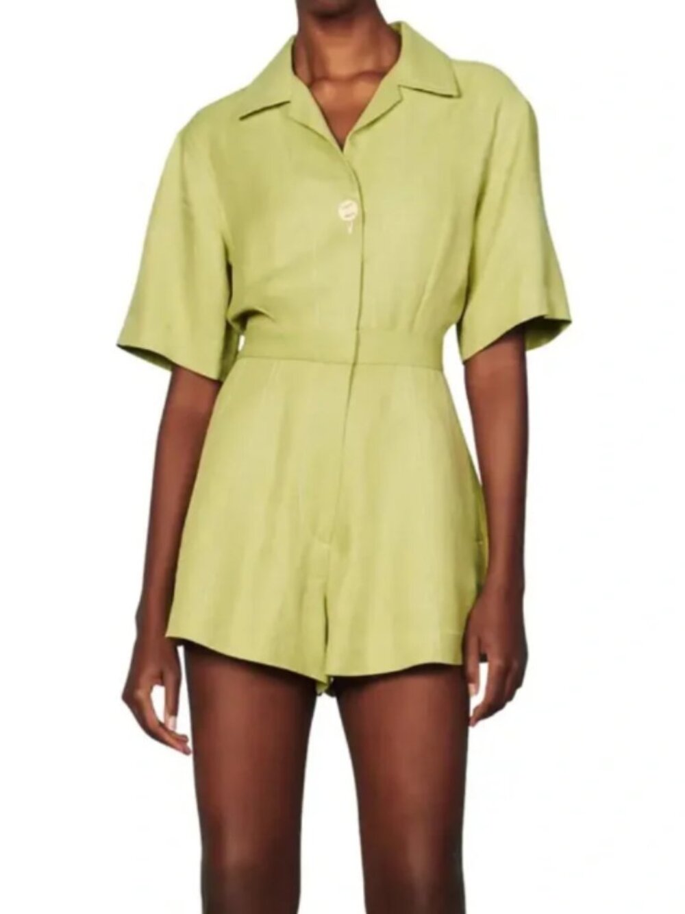 Sandro Tyra Linen Blend Short Sleeve Romper/Playsuit, Green - Womens 40 US 8/10